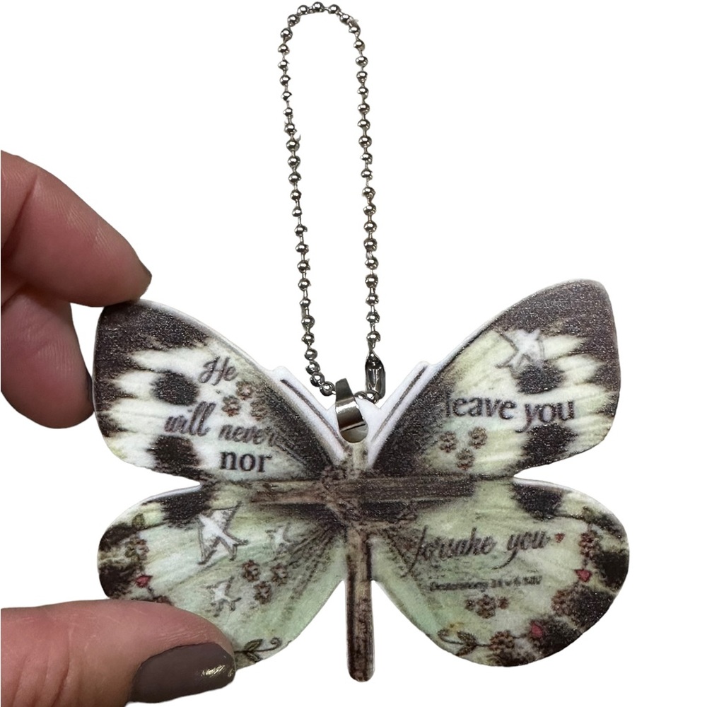 Light Green and Brown Acrylic Butterfly Keychain with Bible Verse
